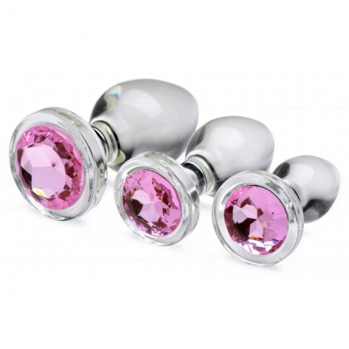 Booty Sparks Pink Gem Glass Anal Plug Set Clear And Pink Sex Toys