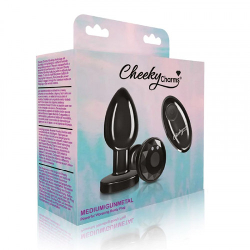Cheeky Charms Medium Rechargeable Vibrating Metal Butt Plug with Remote Control - Gunmetal 5 Product Image