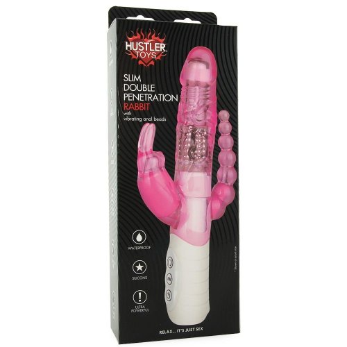 Hustler Toys Slim Double Penetration Rabbit With Vibrating Anal Beads Pink Sex Toys At