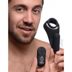 Trinity 4 Men Silicone Rechargeable C-Ring & Vibrating Taint Stimulator With Remote Control - Black Product Image