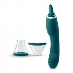 Inya Vibrating Triple Delight Double Ended Vibrator, Suction and Licking Stimulator - Teal Product Image