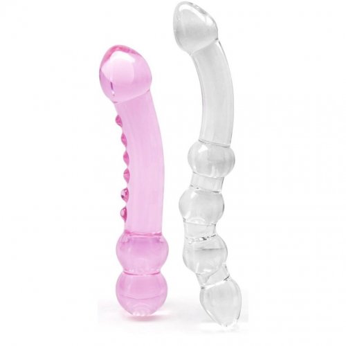 Double Pleasure Glass Dildo 2 Piece Set Clear And Pink