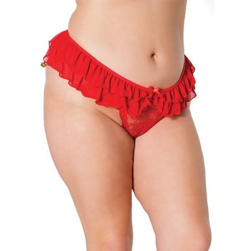 Holiday Red Stretch Lace & Mesh Crotchless Panty with Ruffle Jingle Bell Waist - Queen Size 1 Product Image