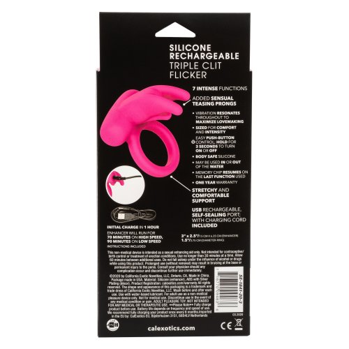 Silicone Rechargeable Triple Clit Flicker Couple S Enhancer Cock Ring