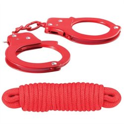 Sinful: Metal Cuffs With Keys And Love Rope - Red Sex Toy Sinful: Metal Cuffs With Keys And Love Rope - Red Sex Toy