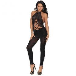 Sexy Criss-Cross Detail Lace Opaque Halter Neck Footless Body Stocking - Black - O/S Sexy Criss-Cross Detail Lace Opaque Halter Neck Footless Body Stocking - Black - O/S Boxcover